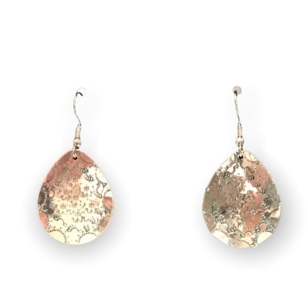 Handmade stamped mandala silver tear drop shape hypoallergenic hook earrings